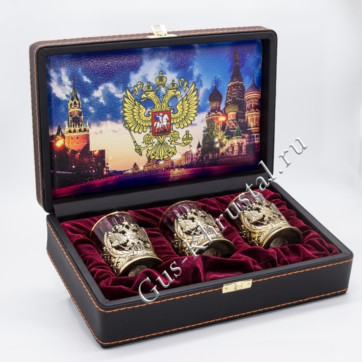 Набор Стопок Хрустальный "Герб России" в подарочном футляре 3 шт